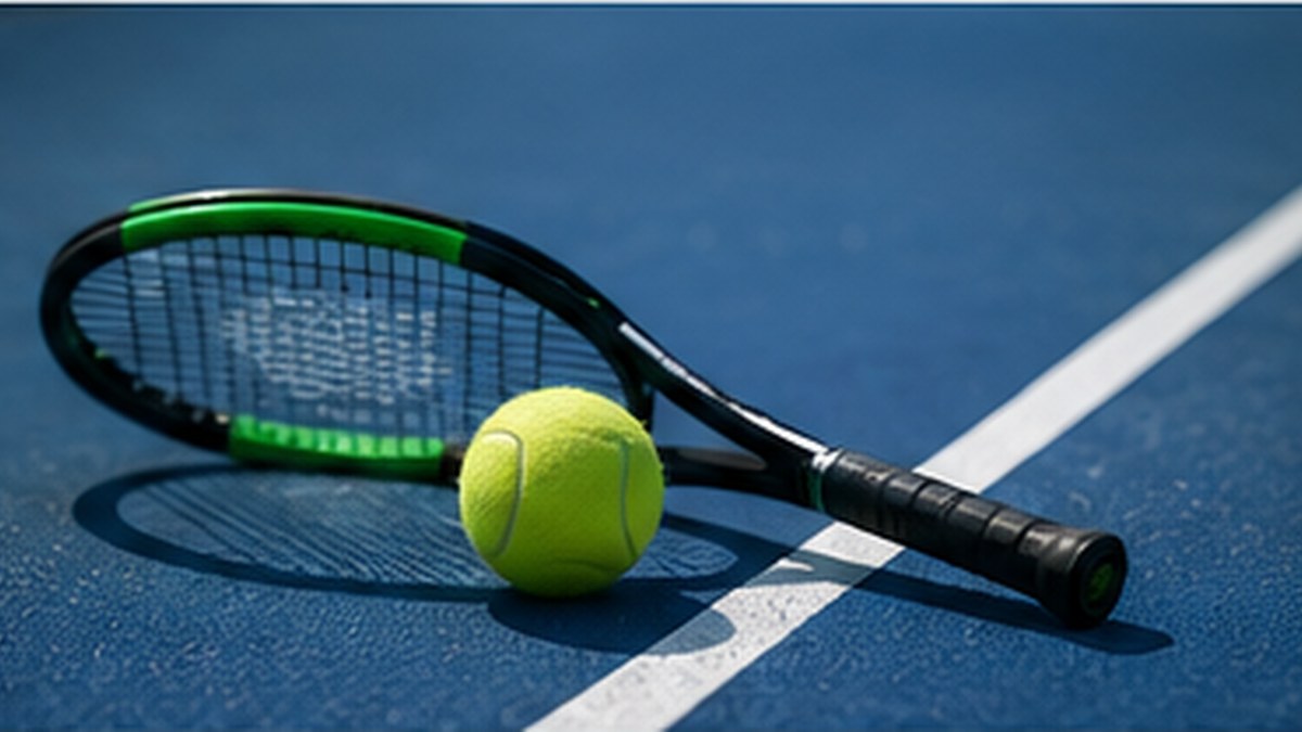 Modernt tennisracket och tennisboll på en blå bana